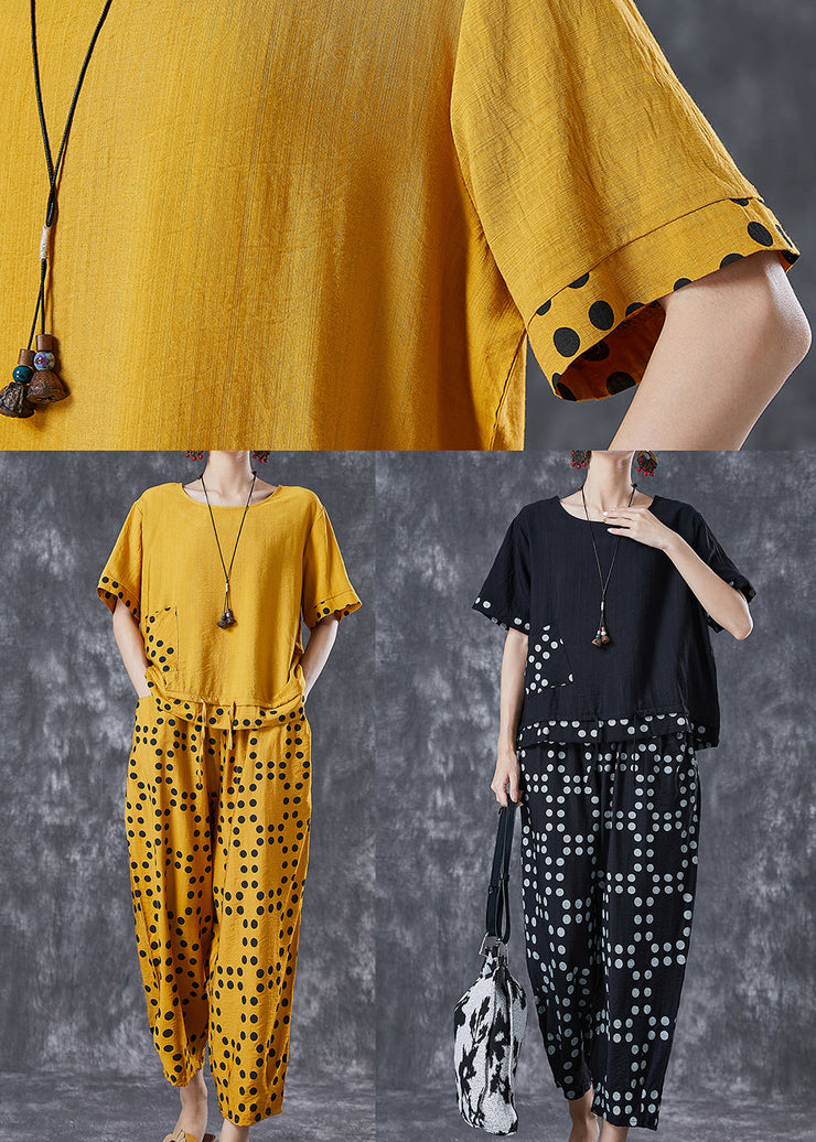 Yellow Dot Cotton Two Piece Suit Set Drawstring Pocket Summer