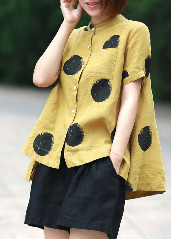 yellow-flower Print Patchwork Linen Top Button Stand Collar Summer