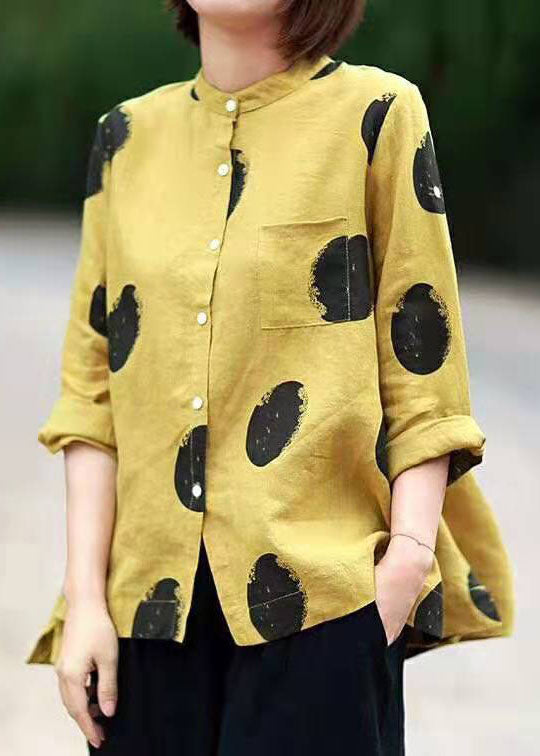 yellow-flower Print Patchwork Linen Top Button Stand Collar Summer