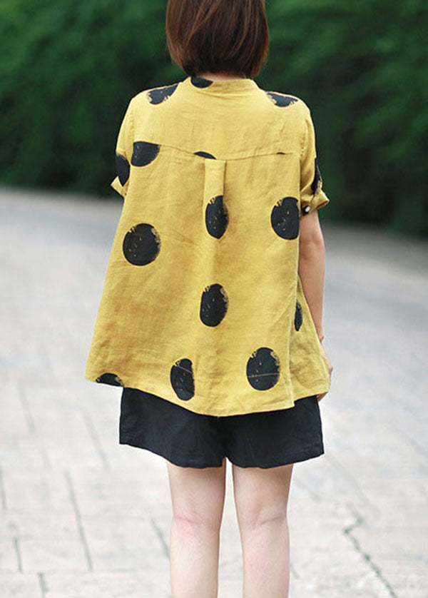 yellow-flower Print Patchwork Linen Top Button Stand Collar Summer