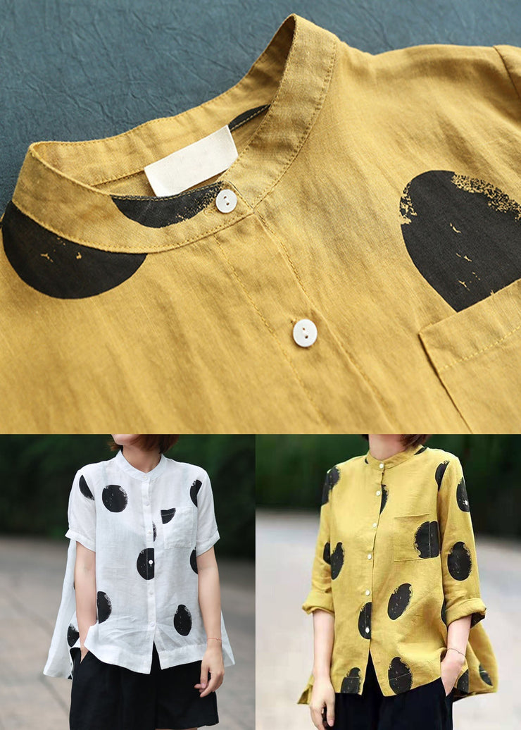 yellow-flower Print Patchwork Linen Top Button Stand Collar Summer