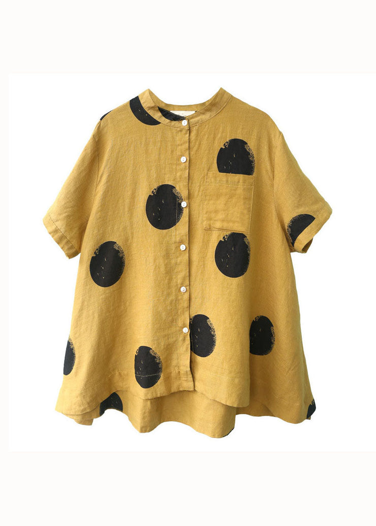 Yellow-geometry Print Patchwork Linen Top Button Stand Collar Summer