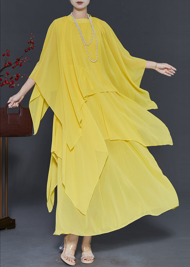 Yellow Draping Chiffon Two Pieces Set Asymmetrical Design Spring