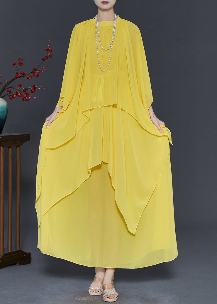 Yellow Draping Chiffon Two Pieces Set Asymmetrical Design Spring