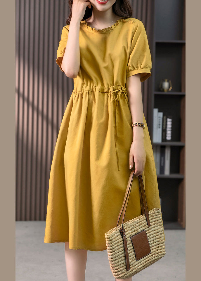 Yellow Drawstring Slim Linen Long Dress Short Sleeve