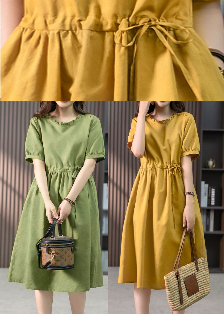 Yellow Drawstring Slim Linen Long Dress Short Sleeve