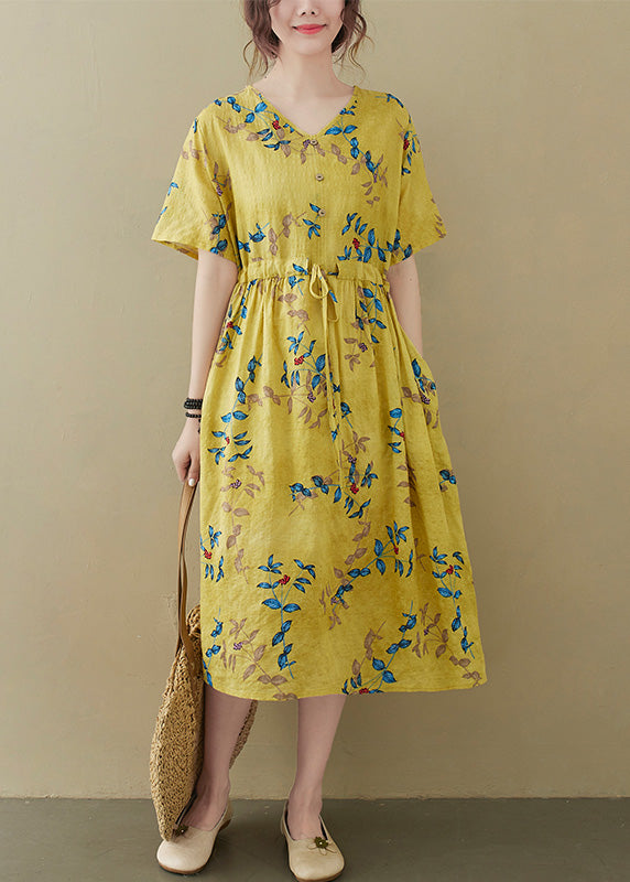 Yellow Drawstring Tie Waist Long Dress Summer