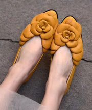 Yellow Floral Cowhide Leather Women Splicing Flat Feet Shoes