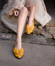 Yellow Floral Cowhide Leather Women Splicing Flat Feet Shoes