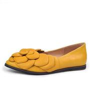 Yellow Floral Cowhide Leather Women Splicing Flat Feet Shoes