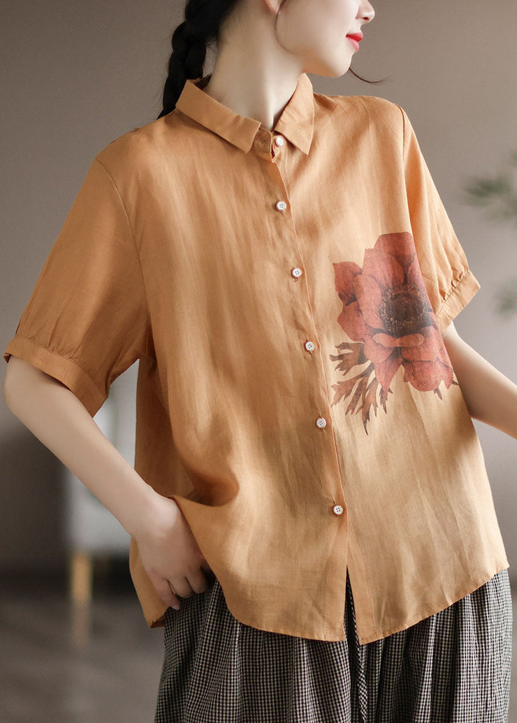 Yellow Floral Print Linen Shirt Tops Patchwork Short Sleeve