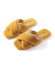 Yellow Fuzzy Fur Slippers Shoes Cross Strap Peep Toe