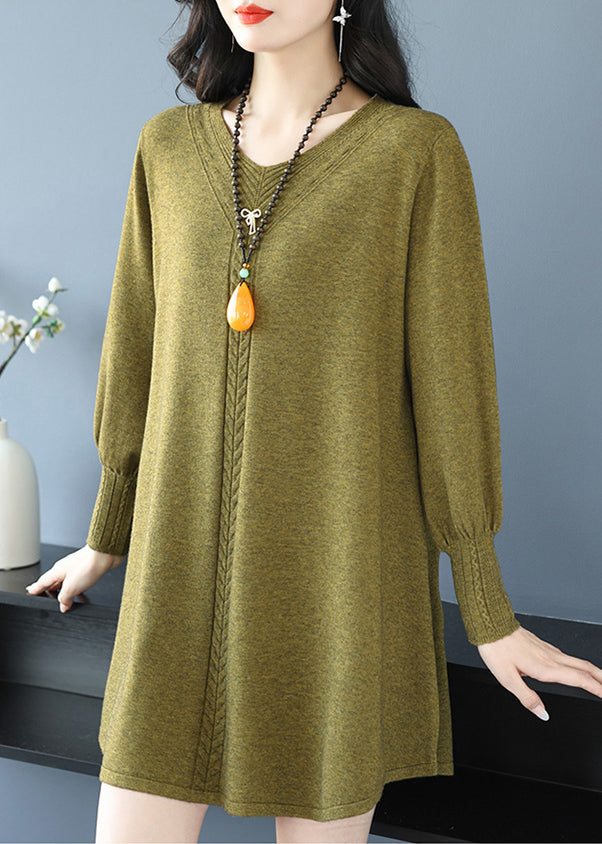 Yellow Green V Neck Cozy Cotton Knit Sweater