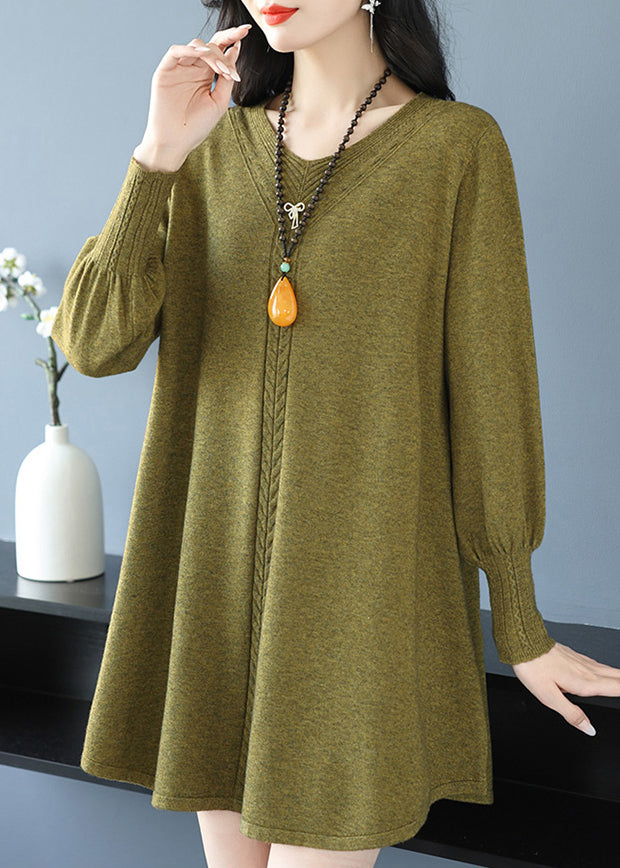 Yellow Green V Neck Cozy Cotton Knit Sweater