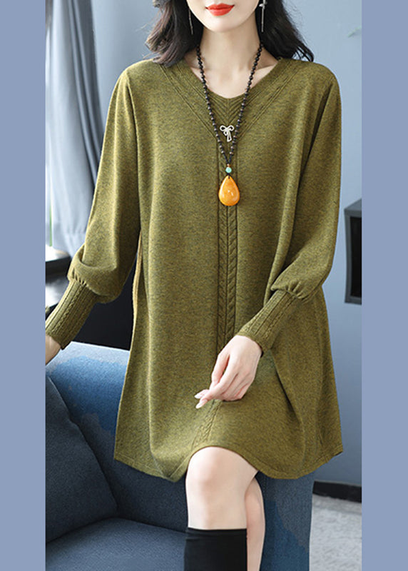 Yellow Green V Neck Cozy Cotton Knit Sweater