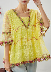 Yellow Hollow Out Lace Shirt Top Ruffled Summer