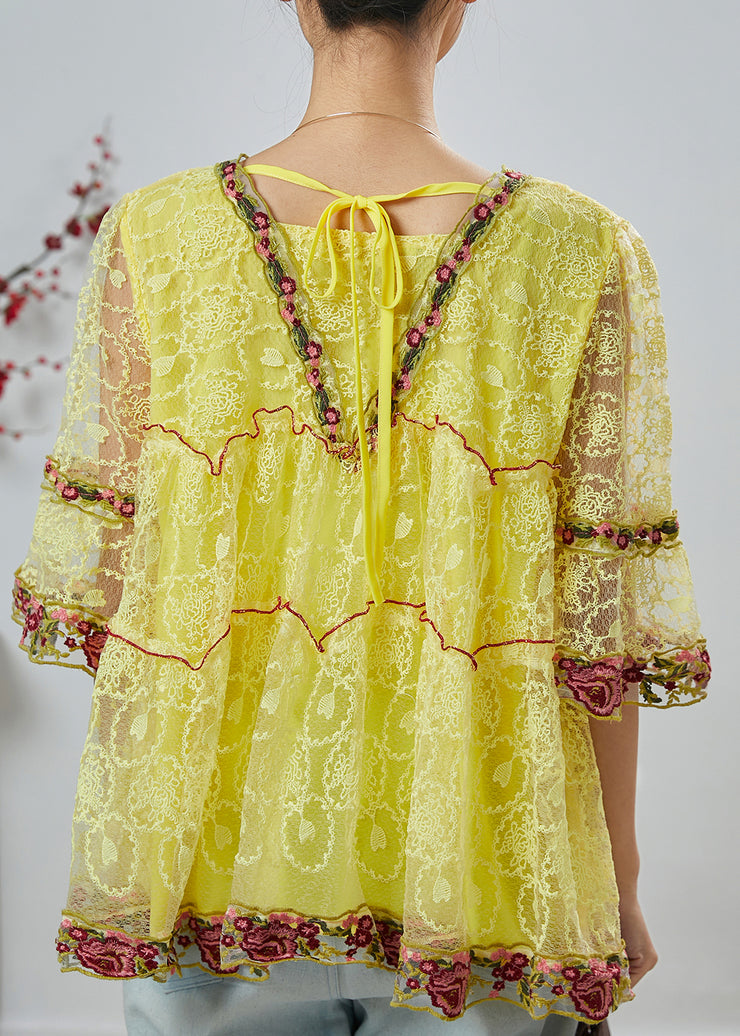 Yellow Hollow Out Lace Shirt Top Ruffled Summer
