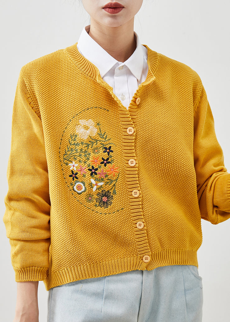 Yellow Knit Cardigans Embroidered Button Spring