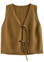 Yellow Knit Vest Tops V Neck Oriental Button Sleeveless