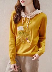 Yellow Lace Up Patchwork Knit Embroidered Long Sleeve