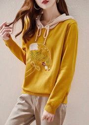 Yellow Lace Up Patchwork Knit Embroideried Long Sleeve