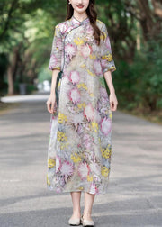 Yellow Lace Up Print Linen Dress Stand Collar Half Sleeve