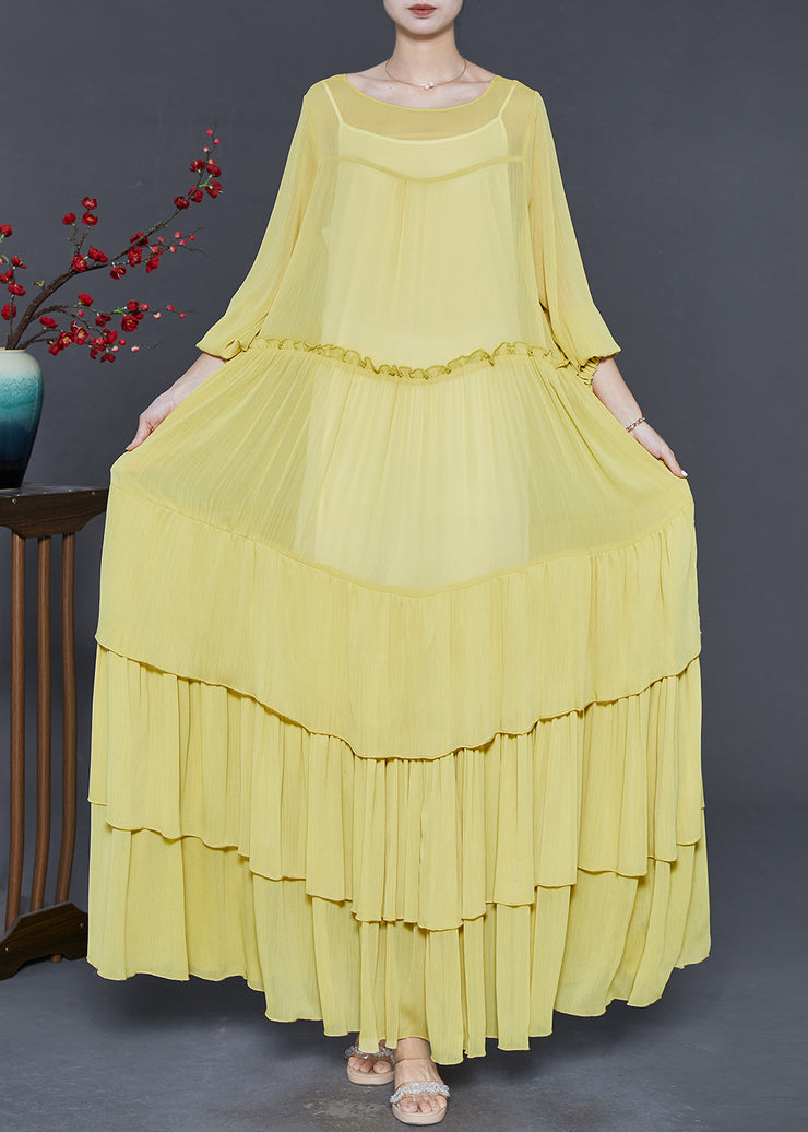 Yellow Layered Chiffon Robe Dresses Ruffled Spring