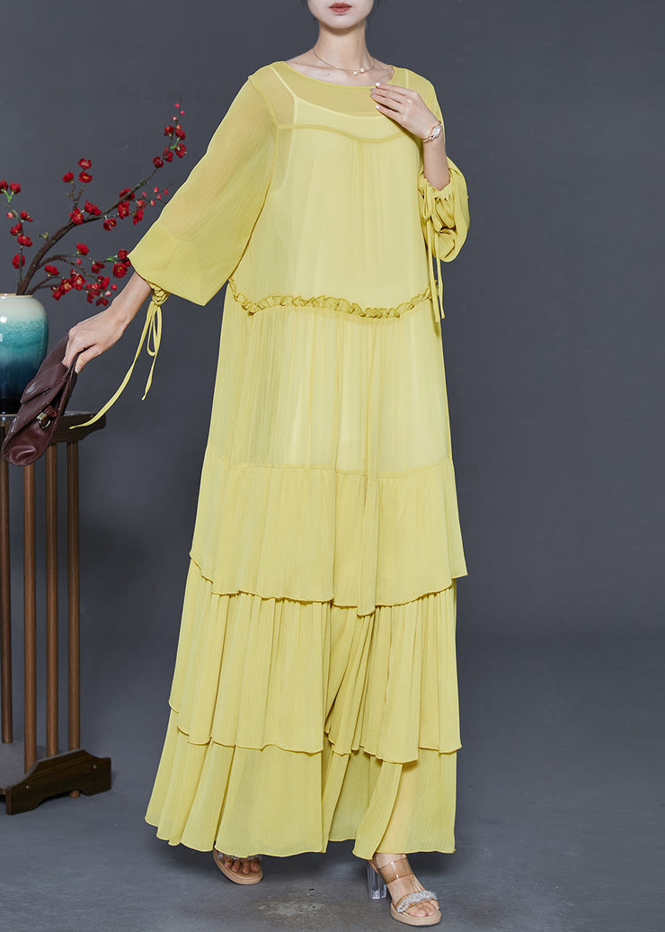 Yellow Layered Chiffon Robe Dresses Ruffled Spring