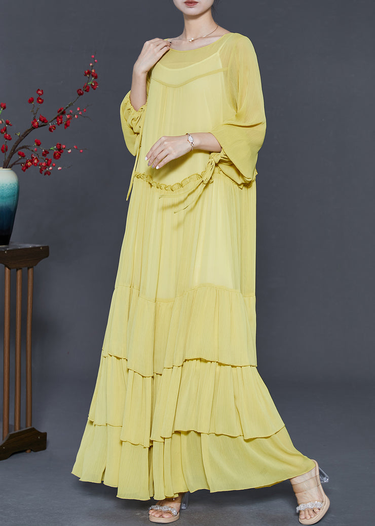 Yellow Layered Chiffon Robe Dresses Ruffled Spring