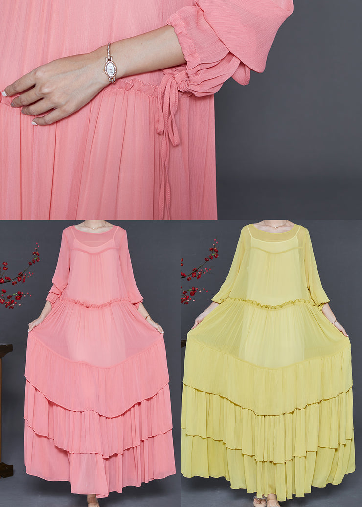 Yellow Layered Chiffon Robe Dresses Ruffled Spring