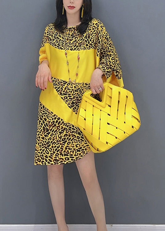 Yellow Leopard Patchwork Long Dresses Long Sleeve