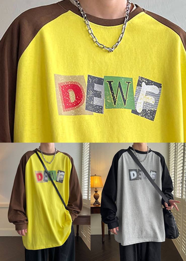 Yellow Letter Patchwork Cotton Mens T Shirts O Neck Spring