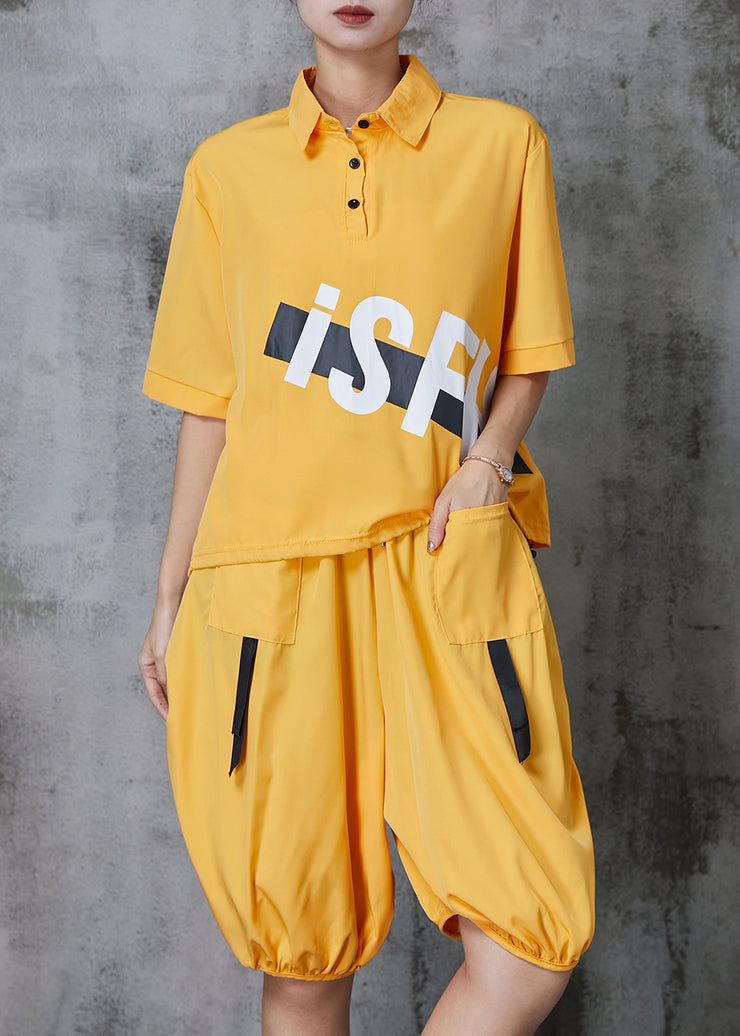 Yellow Letter Print Cotton Two Piece Set Oversized Spring