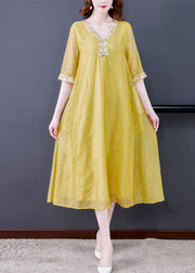 Yellow Linen A Line Dress Embroideried Exra Large Hem Summer