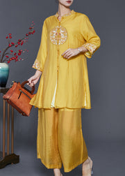 Yellow Linen Silk Two Piece Set Women Clothing Embroidered Spring