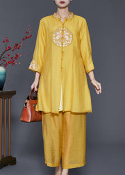 Yellow Linen Silk Two Piece Set Women Clothing Embroidered Spring