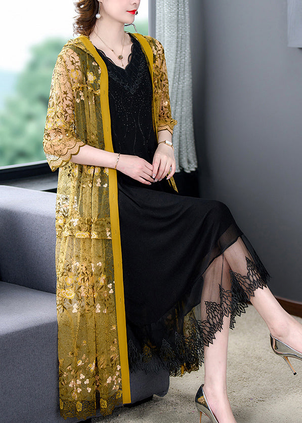 Yellow Loose Tulle Hooded Cardigan Embroidered Spring