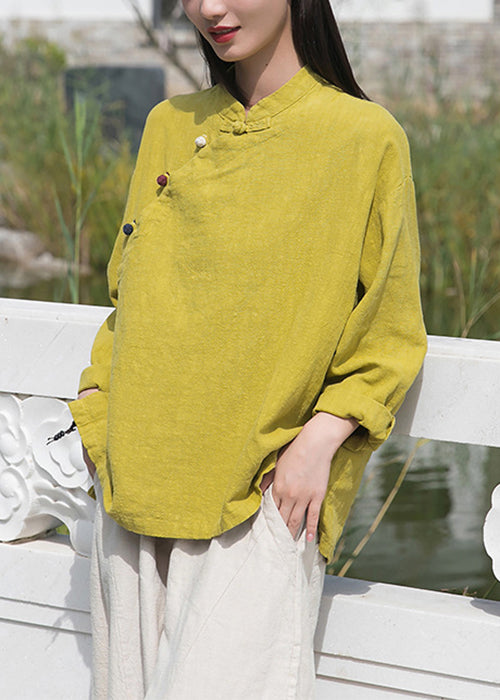 Yellow Low High Design Patchwork Linen Tops Stand Collar Long Sleeve