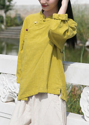 Yellow Low High Design Patchwork Linen Tops Stand Collar Long Sleeve