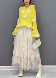 Yellow O-Neck Knit Top And Tulle Maxi Skirts Two Pieces Set Fall