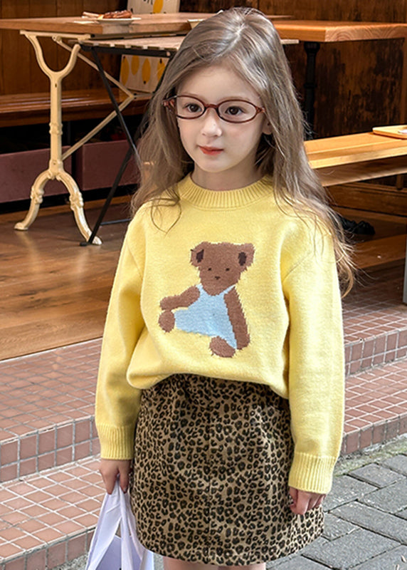 Yellow O-Neck Patchwork Cotton Knit Kids Sweater Spring