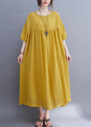 Yellow O-Neck Wrinkled Maxi Dress Half Sleeve