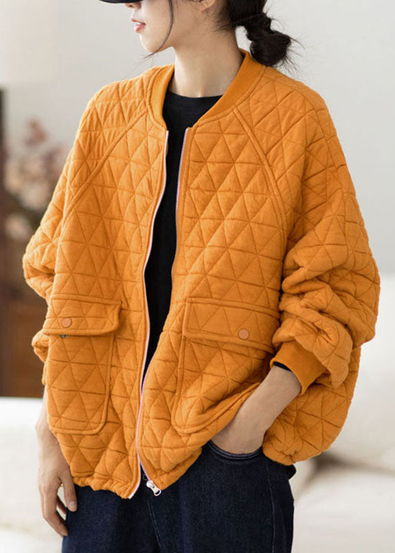 Yellow O-Neck Zippered Plaid Thick Coats Long Sleeve