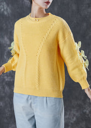 Yellow Patchwork Bow Knit Pullover Thick Winter