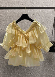 Yellow Patchwork Chiffon Blouses Ruffled V Neck Summer