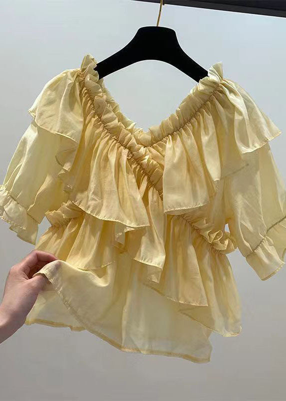 Yellow Patchwork Chiffon Blouses Ruffled V Neck Summer