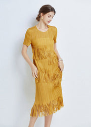 Yellow Patchwork Chiffon Loose Long Dresses O Neck Tasseled Summer