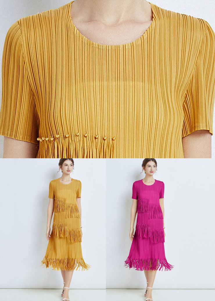 Yellow Patchwork Chiffon Loose Long Dresses O Neck Tasseled Summer