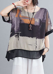 Yellow Patchwork Chiffon Tank Tops Asymmetrical Tie Dye Short Sleeve