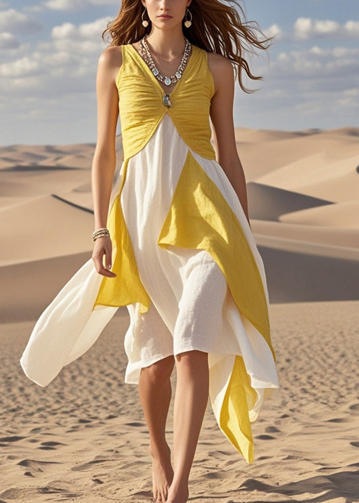 Yellow Patchwork Cotton Cami Dresses Asymmetrical Summer